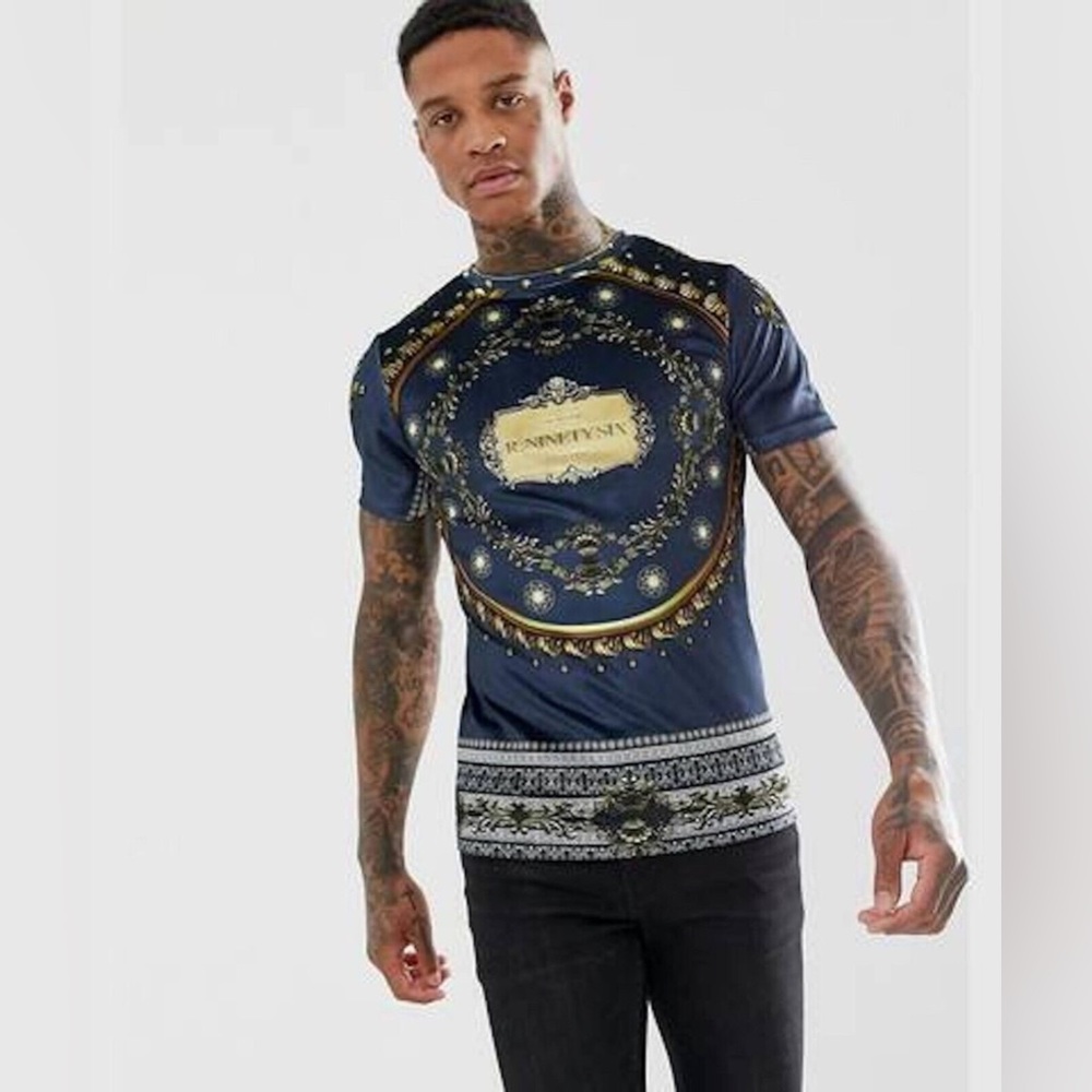 River Island Men's Navy Luxe Gold Print Short Sleeve T-Shirt